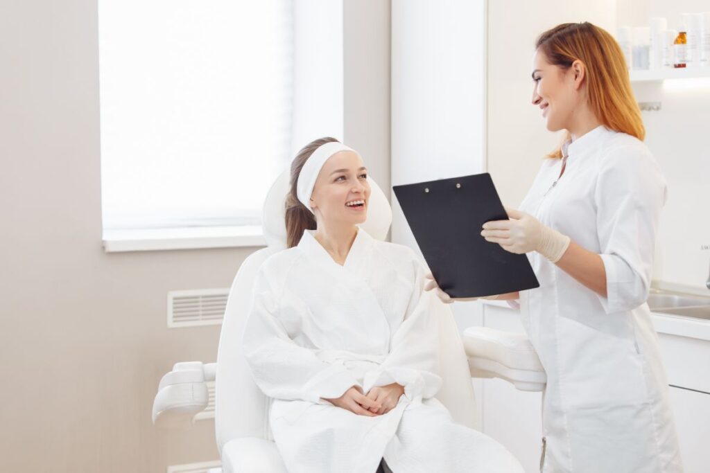 Client speaking with a provider during her Morpheus8 treatment consultation