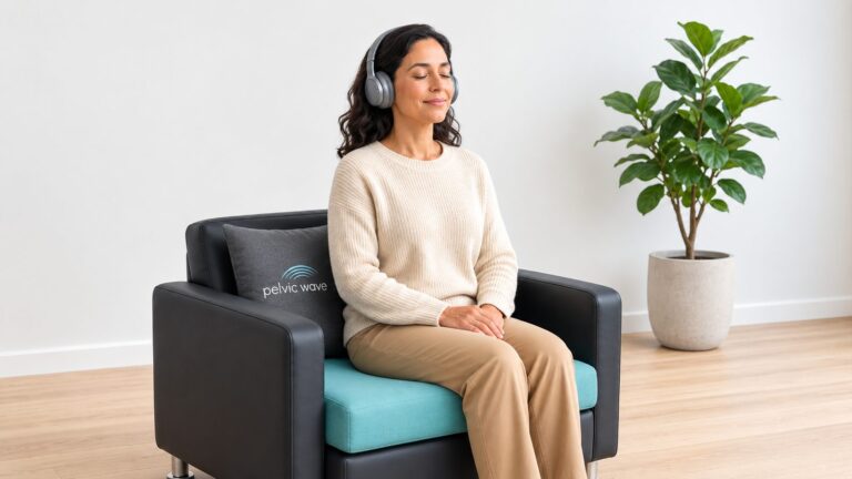 A woman sits fully clothed on the Pelvic Wave pelvic floor therapy chair, eyes closed, wearing headphones