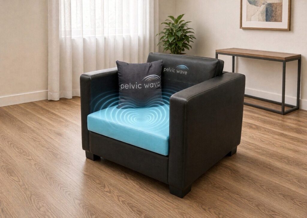 The Pelvic Wave chair, with the electromagnetic field in the seat illustrated as rings